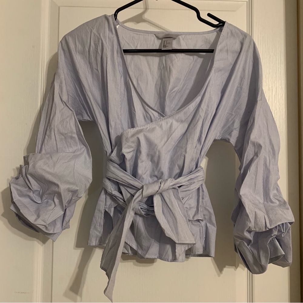 H&M striped wrap shirt with sewn in puff sleeves